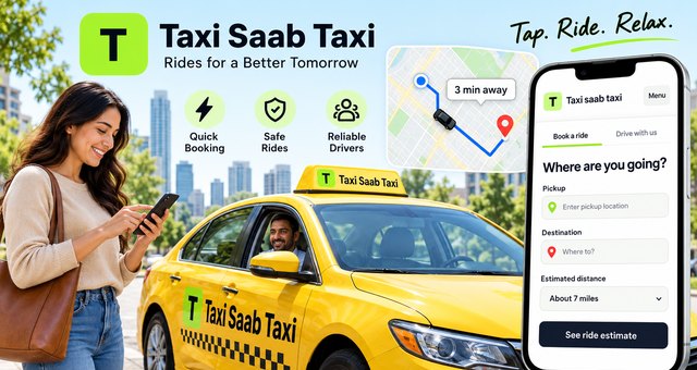 A rider booking a Taxi saab taxi on her phone, with the booking screen and the route